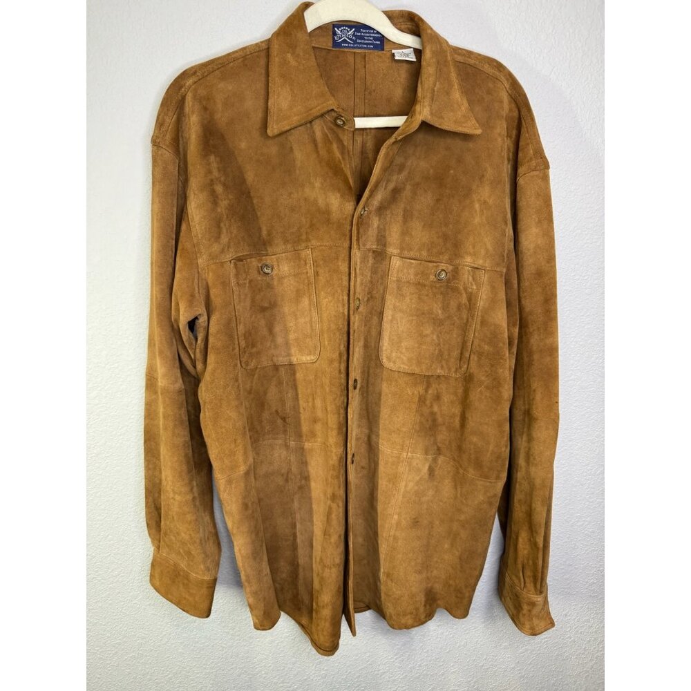 Mens Genuine Suede Leather Shirt Jacket Brown Size L Button Front Western Style